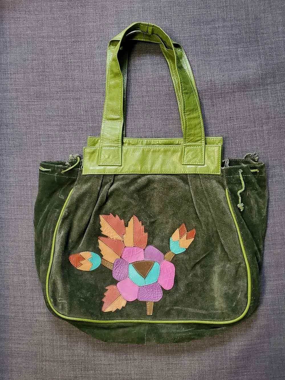 Vintage Urban Outfitters Olive Green Suede Tote with Leather Appliqué